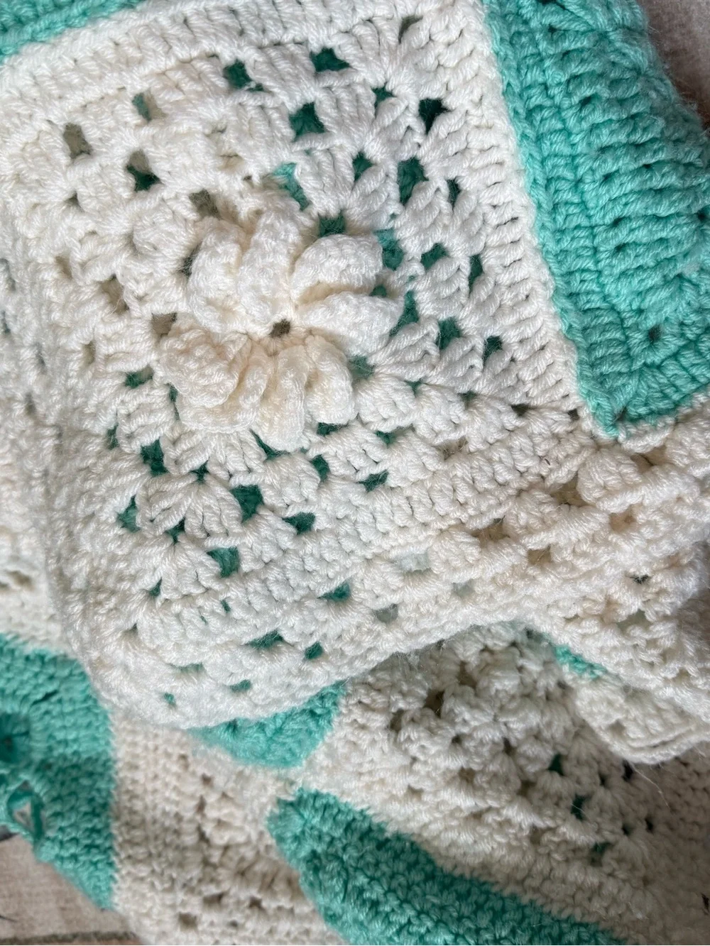 Handmade mint and white crochet granny square afghan blanket Throw 45x64